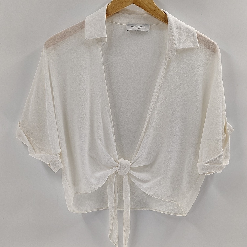 Lola & Sophie Open Blouse Small  Front Tie Eggshell Cuff Shirt Sleeve